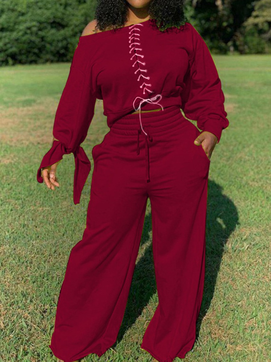 

lovely Chic Bandage Design Wine Red Two Piece Pants Set