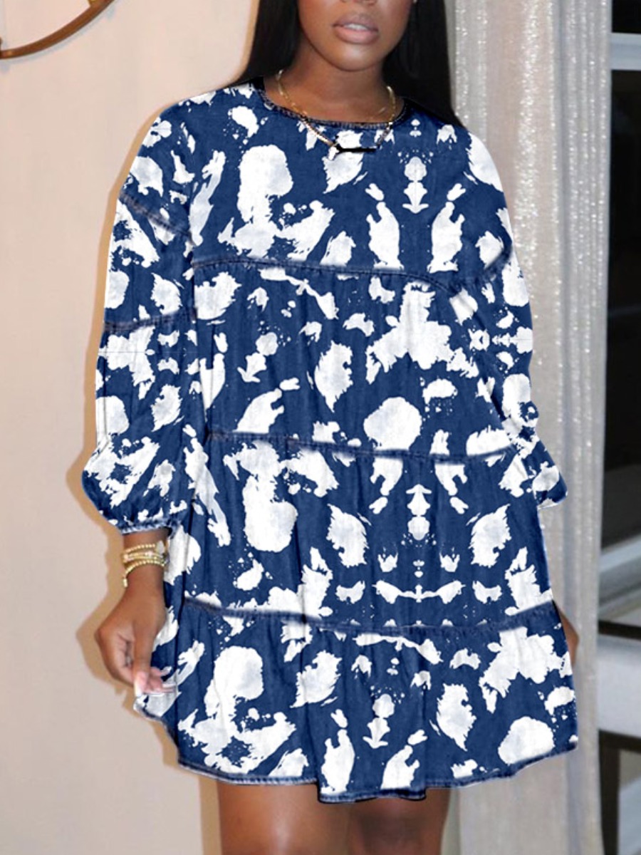 

lovely Casual O Neck Print Blue Knee Length Dress(Batch Print