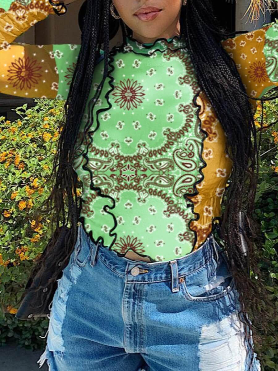 

Lovely Stylish O Neck Print Patchwork Light Green T-shirt