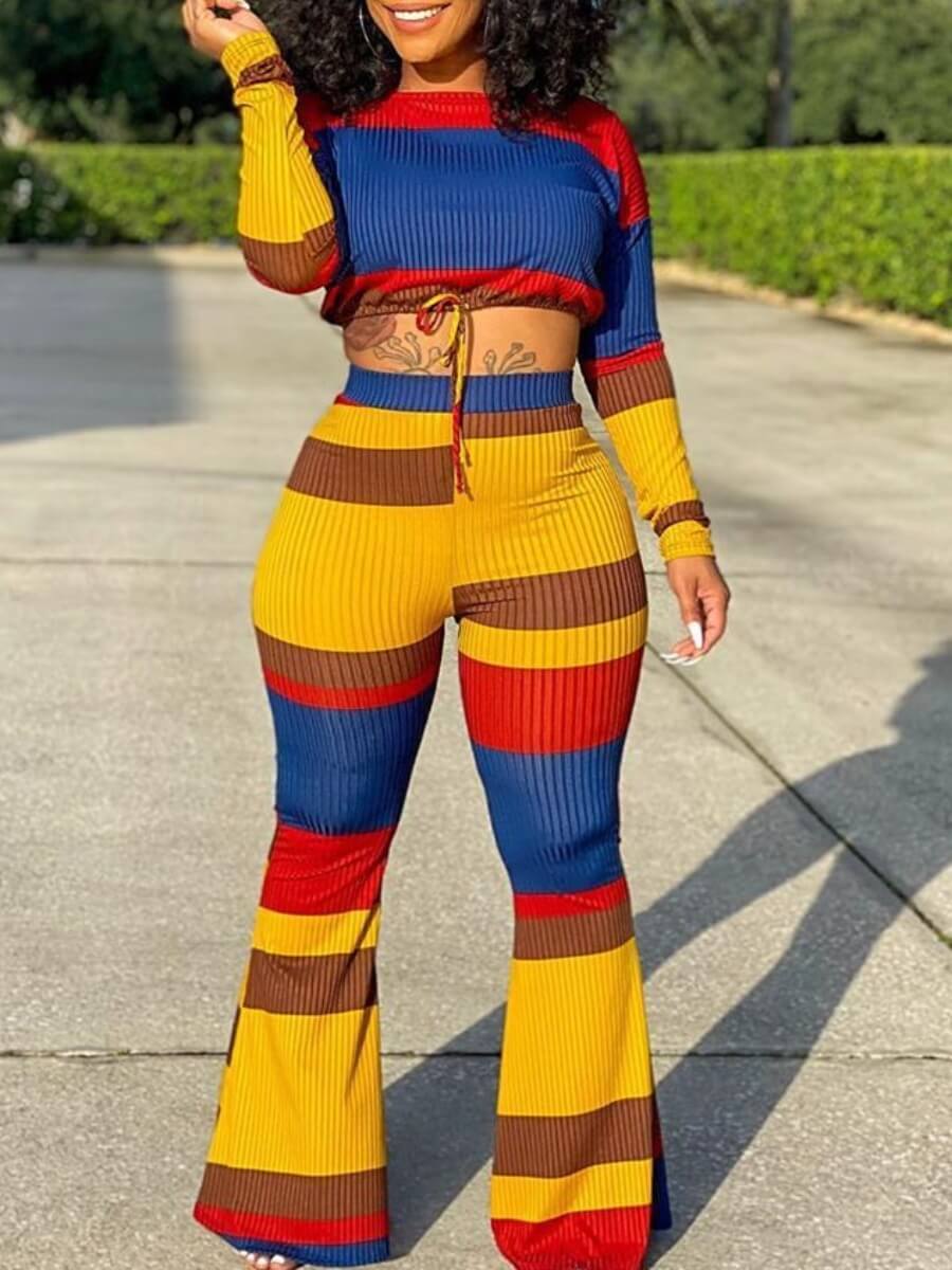 

Lovely Leisure O Neck Rainbow Striped Yellow Two Piece Pants Set