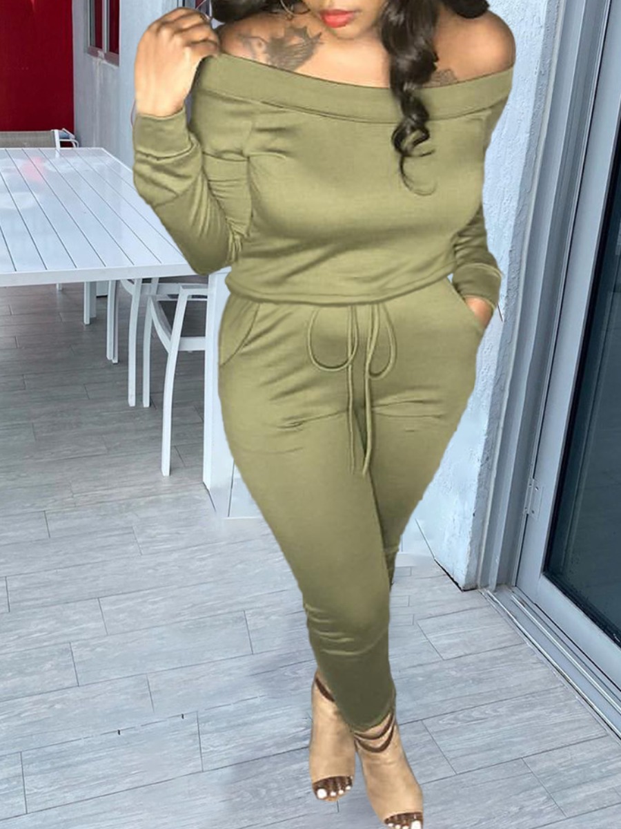 lovely Leisure Basic Drawstring Army Green Two Piece Pants Set