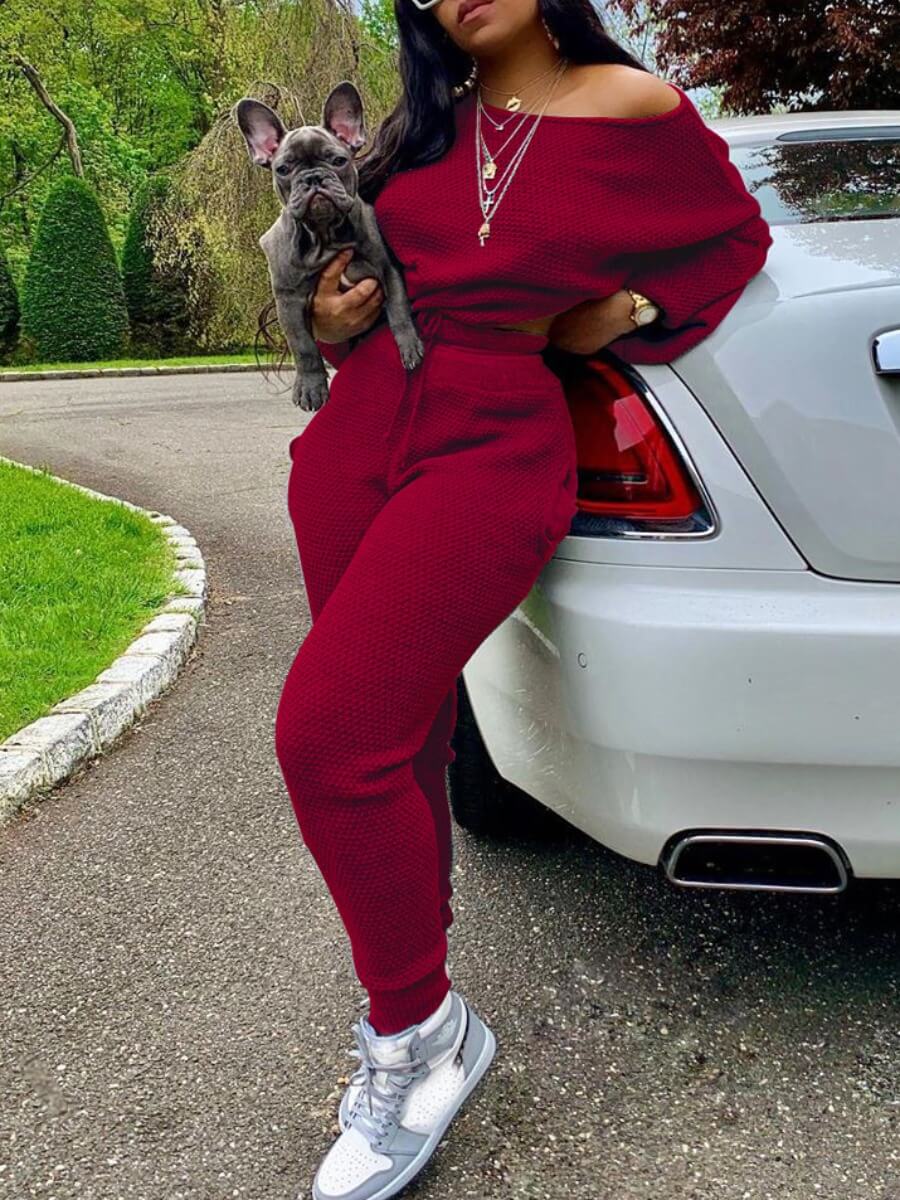 

Lovely Casual Basic Loose Purplish Red Plus Size Two-piece Pants Set