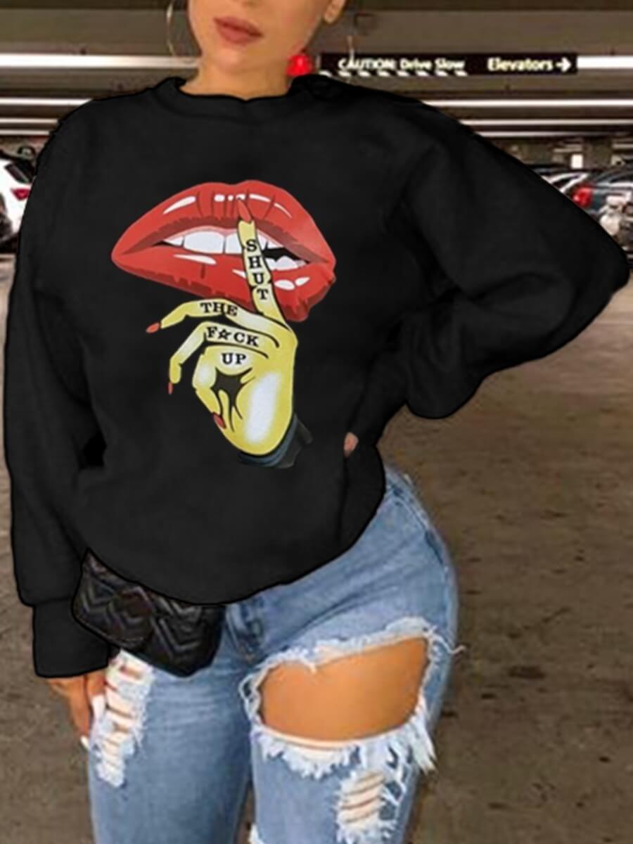 

Lovely Casual O Neck Lip Print Black Hoodie