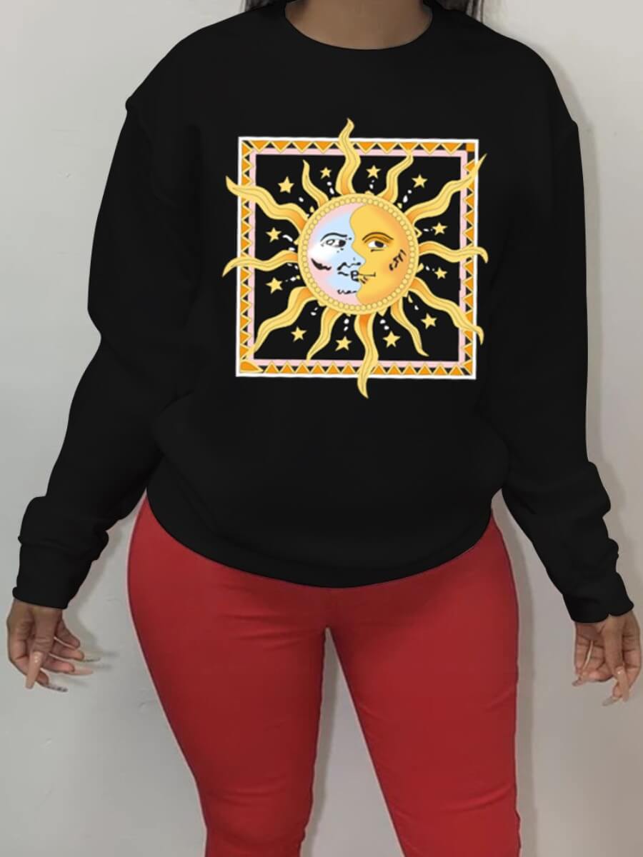 lovely Casual O Neck Print Black Hoodie