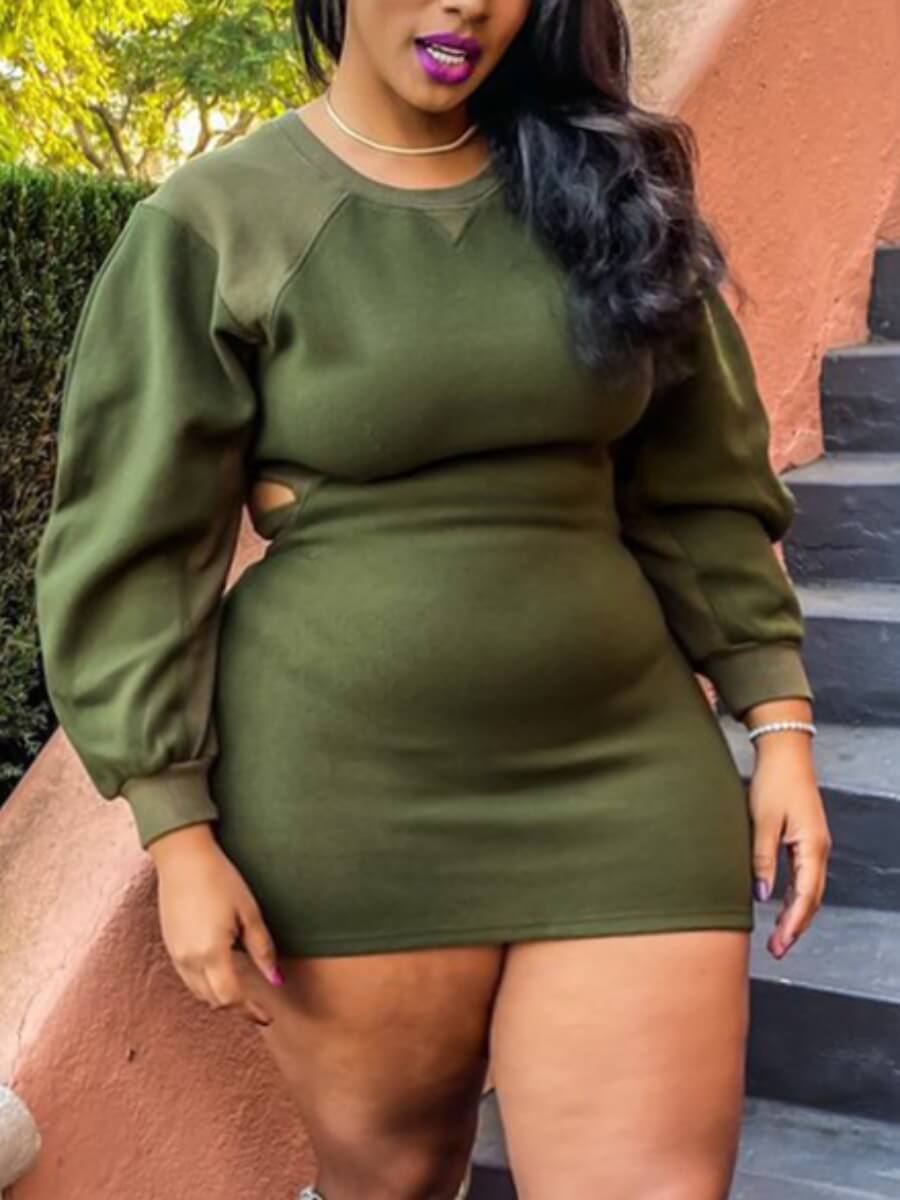 

Lovely Casual O Neck Patchwork Green Mini Plus Size Dress