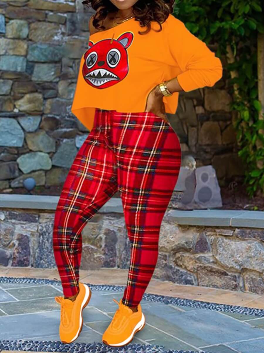 lovely Casual O Neck Cartoon Print Croci Plus Size Two-piece Pants Set