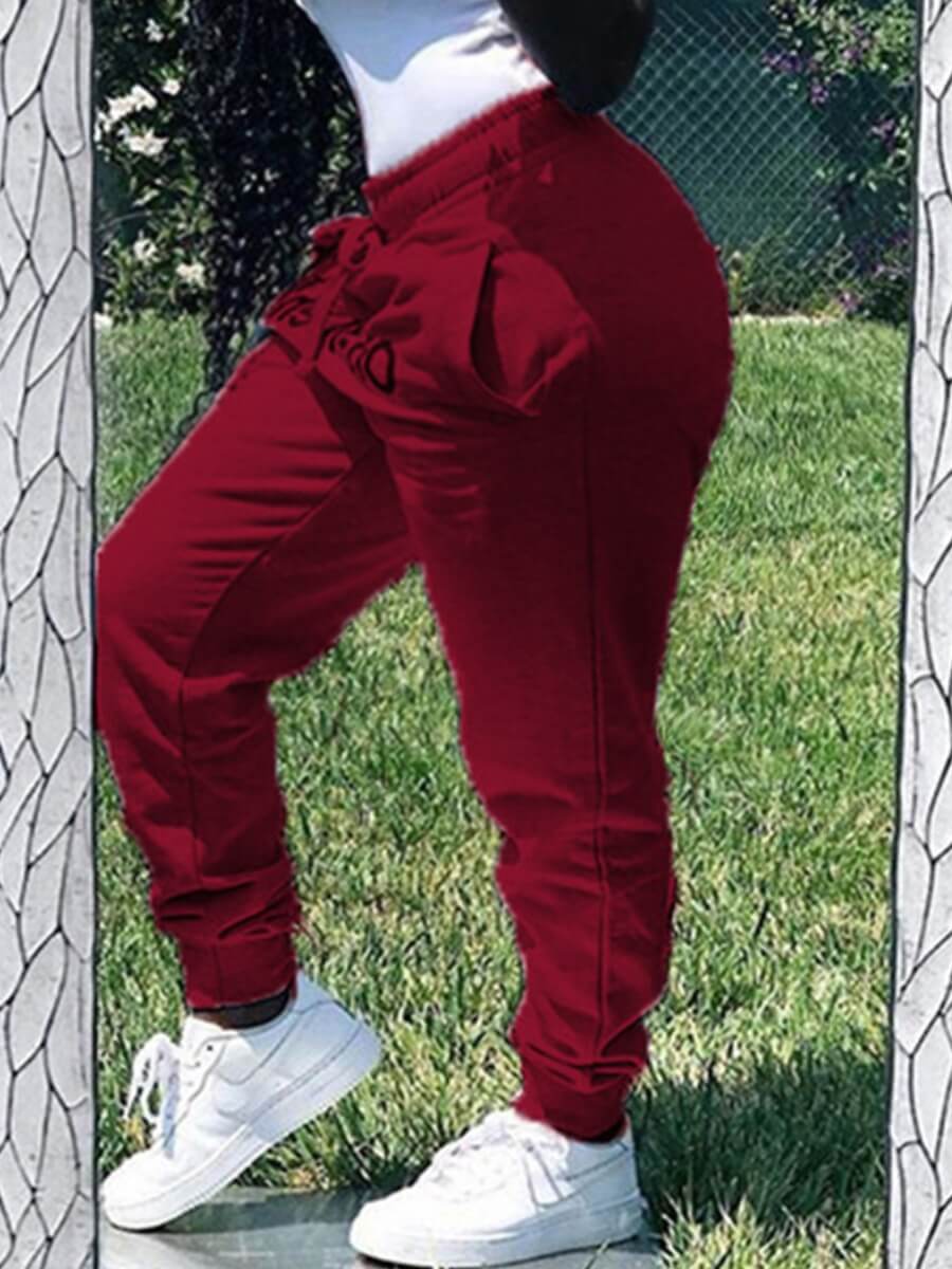 lovely Casual Letter Print Drawstring Red Plus Size Pants