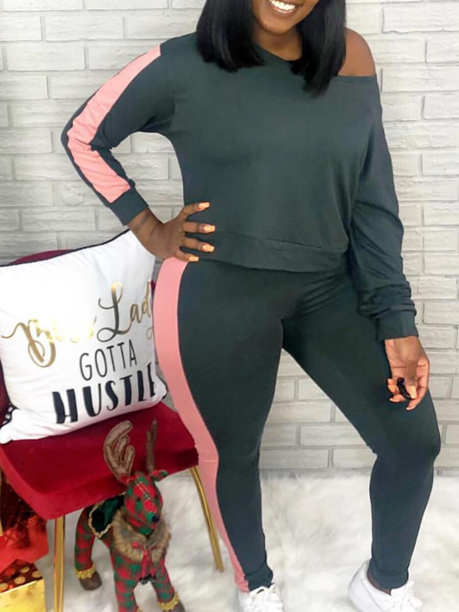 lovely Sportswear O Neck Patchwork Green Plus Size Two-piece Pants Set