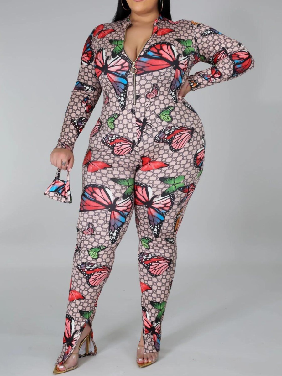 lovely Sexy Butterfly Print Zipper Design Multicolor Plus Size One-piece Jumpsuit
