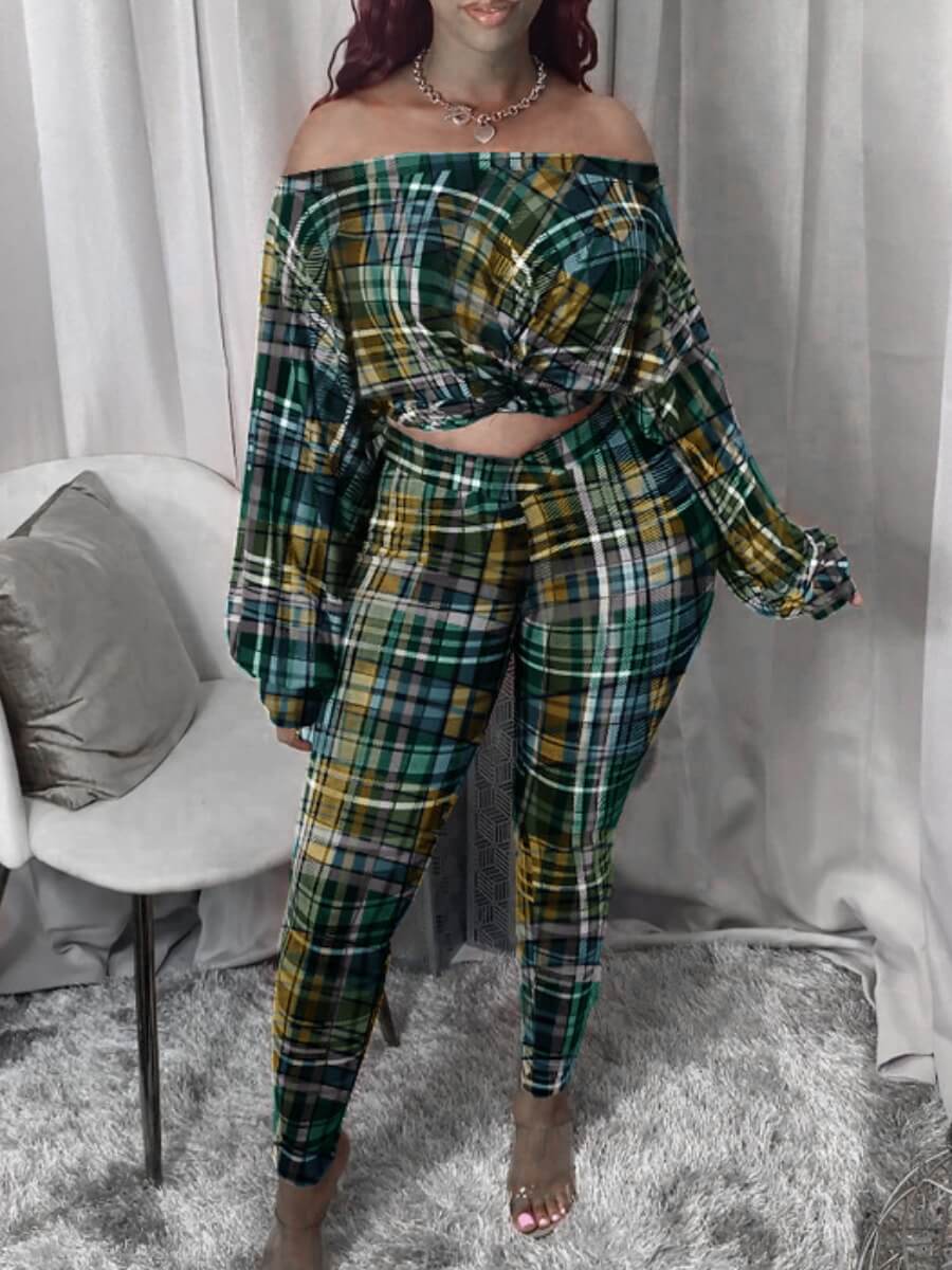 lovely Trendy Dew Shoulder Grid Print Green Plus Size Two-piece Pants Set