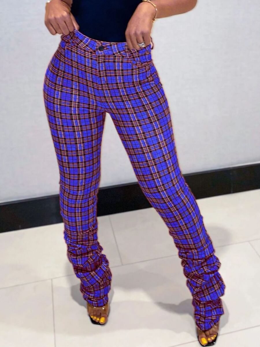 lovely Street Grid Print Blue Pants