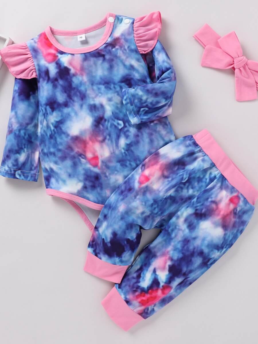 

Lovely Casual O Neck Tie-dye Multicolor Girl Two-piece Pants Set, Multi