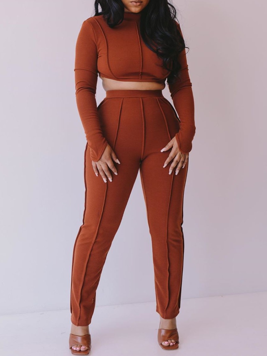 

Lovely Street Backless Patchwork Brick Red Two Piece Pants Set