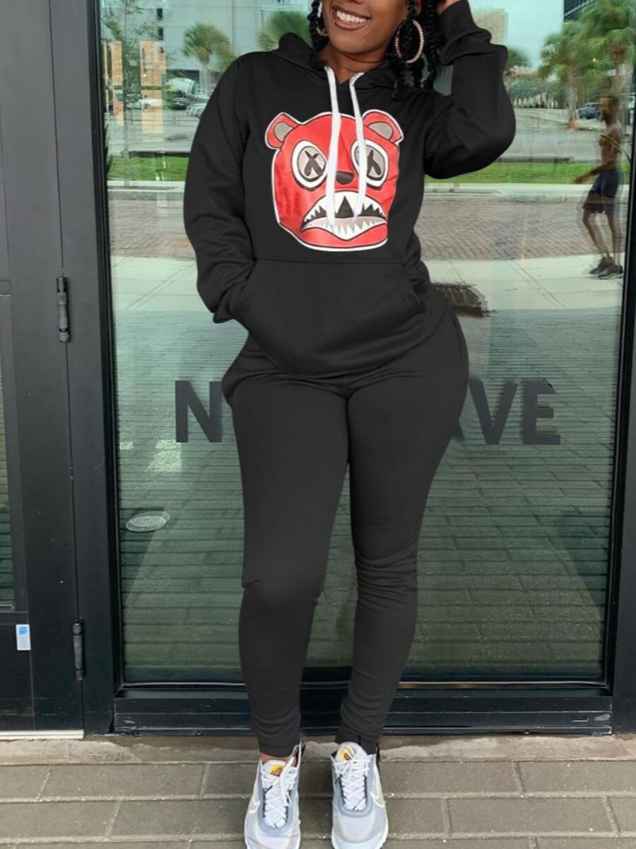 lovely Casual Hooded Collar Cartoon Print Black Two Piece Pants Set