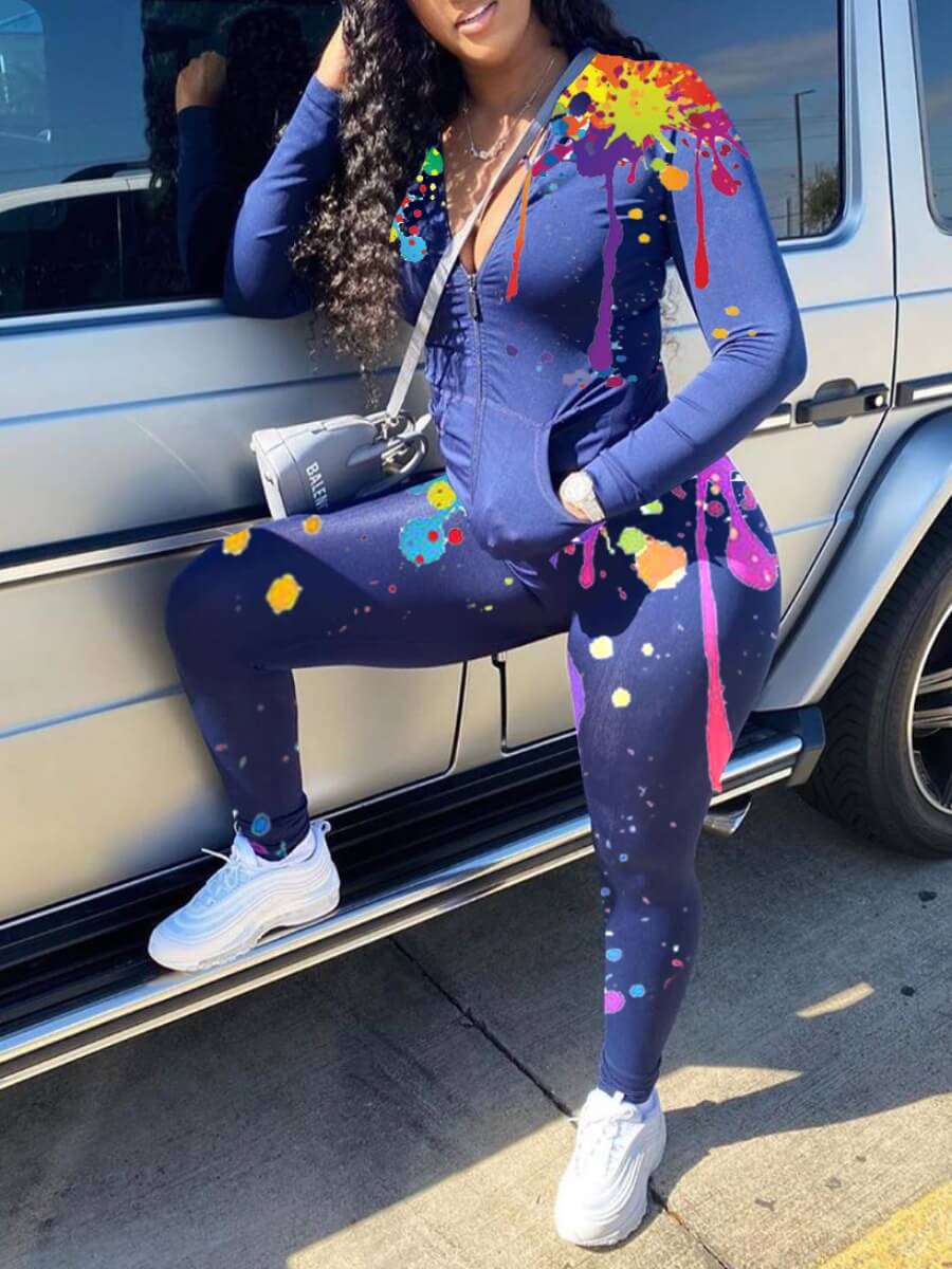 lovely Casual Graffiti Print Zipper Design Dark Blue Two Piece Pants Set