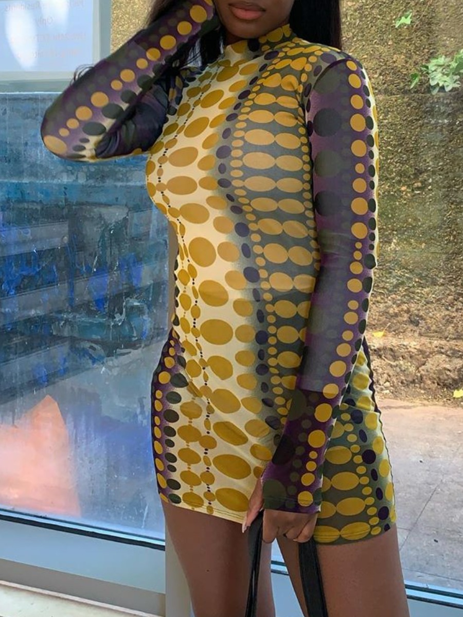 lovely Casual Half A Turtleneck Print Yellow Mini Dress