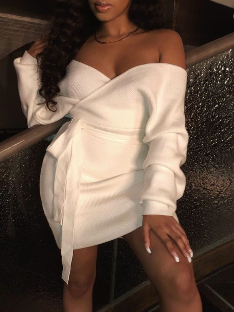 lovely Stylish Dew Shoulder Lace-up White Mini Dress