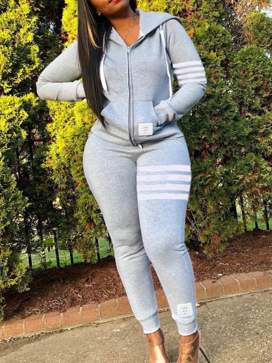 lovely Casual Hooded Collar Patchwork Zipper Design Grey Two Piece Pants Set