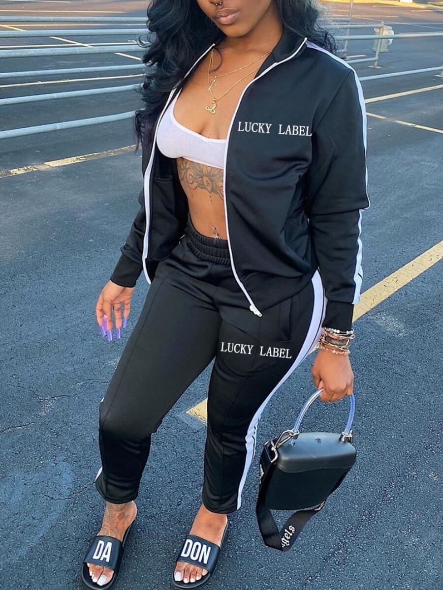 

LW Sportswear Letter Patchwork Black Two Piece Pants Set