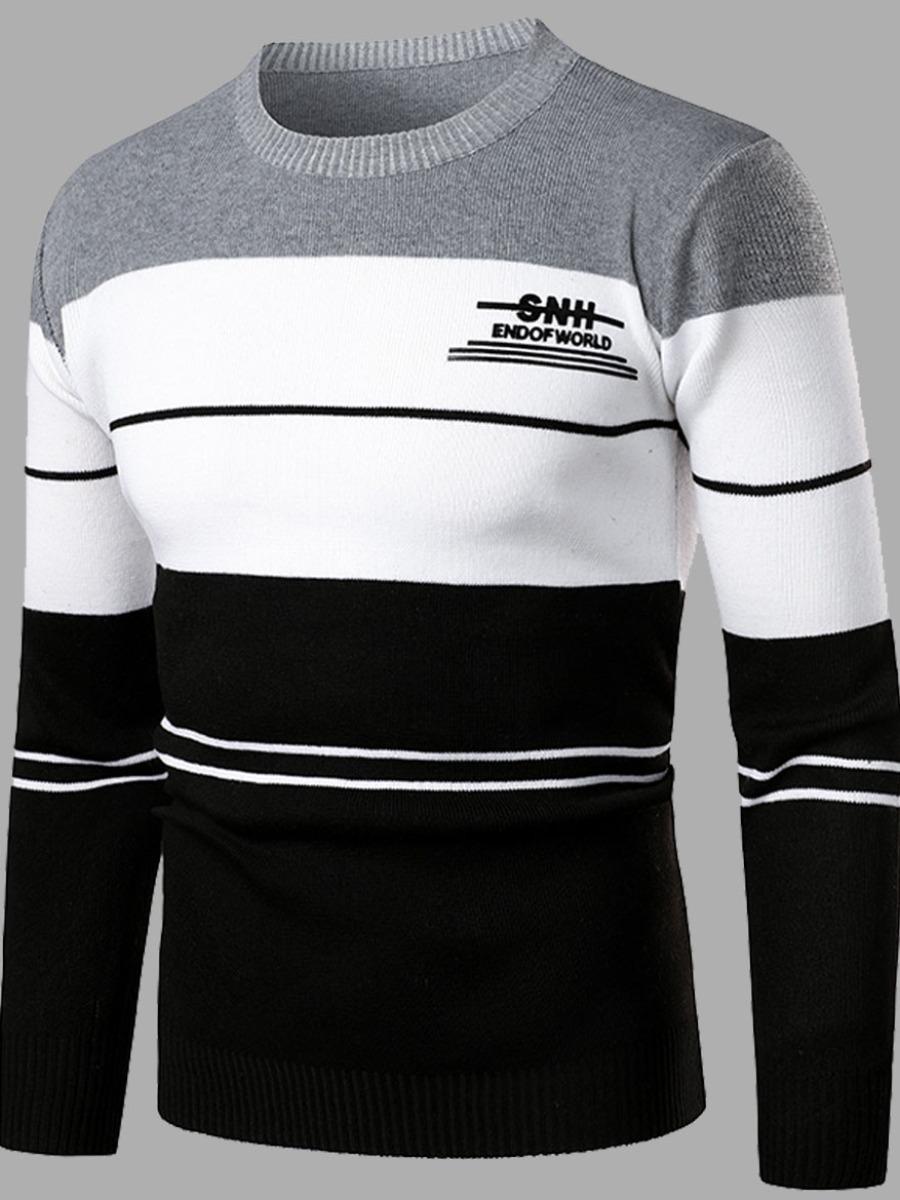 

lovely Trendy O Neck Striped Black Patchwork Men Sweater