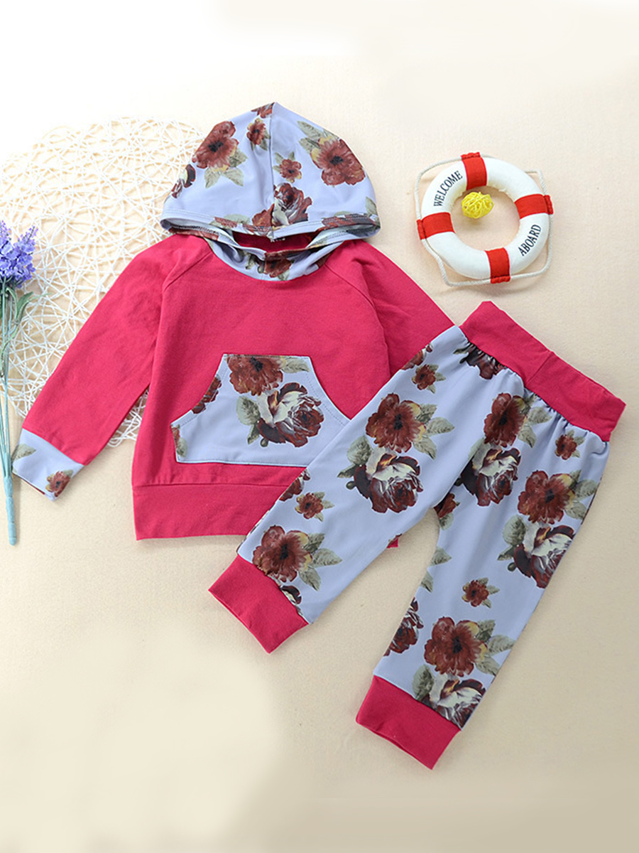 

lovely Casual Hooded Collar Floral Print Pink Girl Two-piece Pants Set