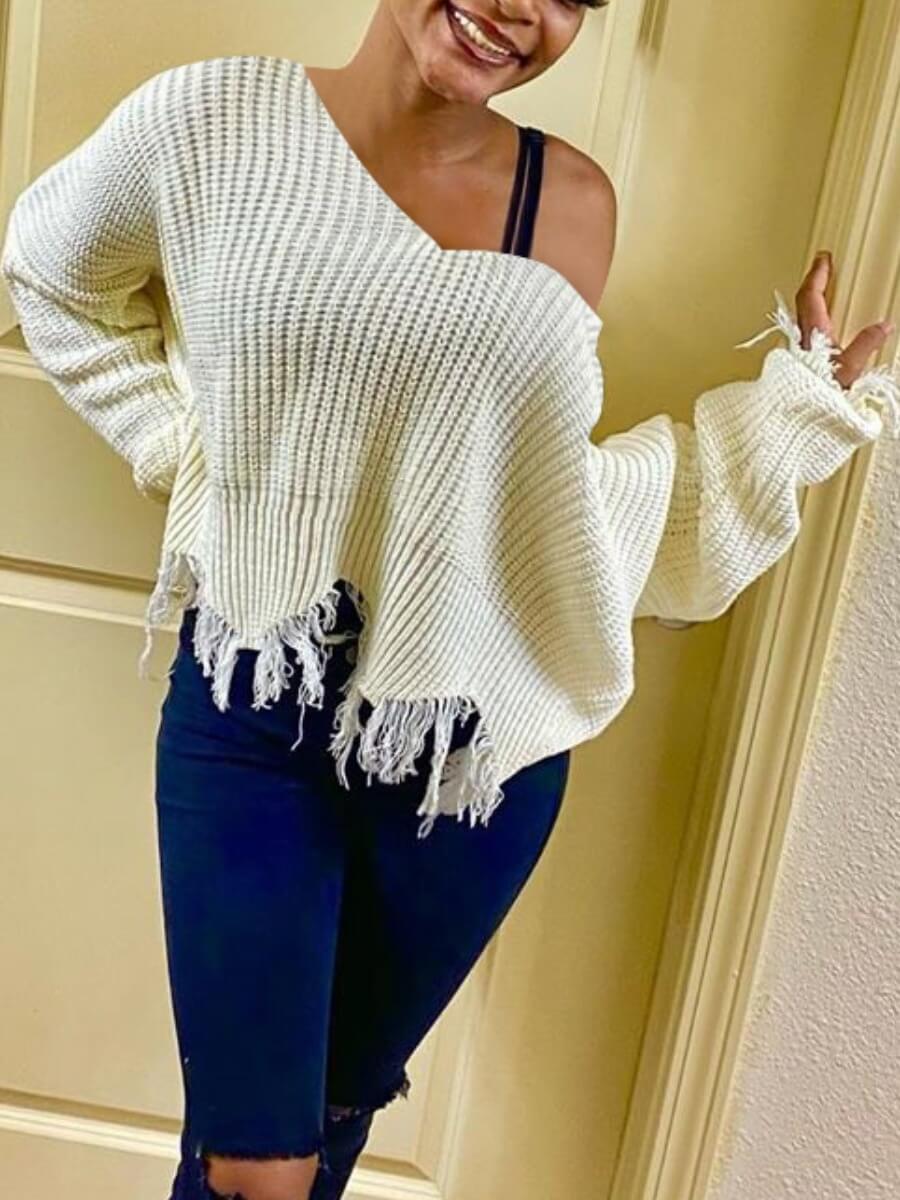 lovely Street V Neck Tassel Design White Sweater