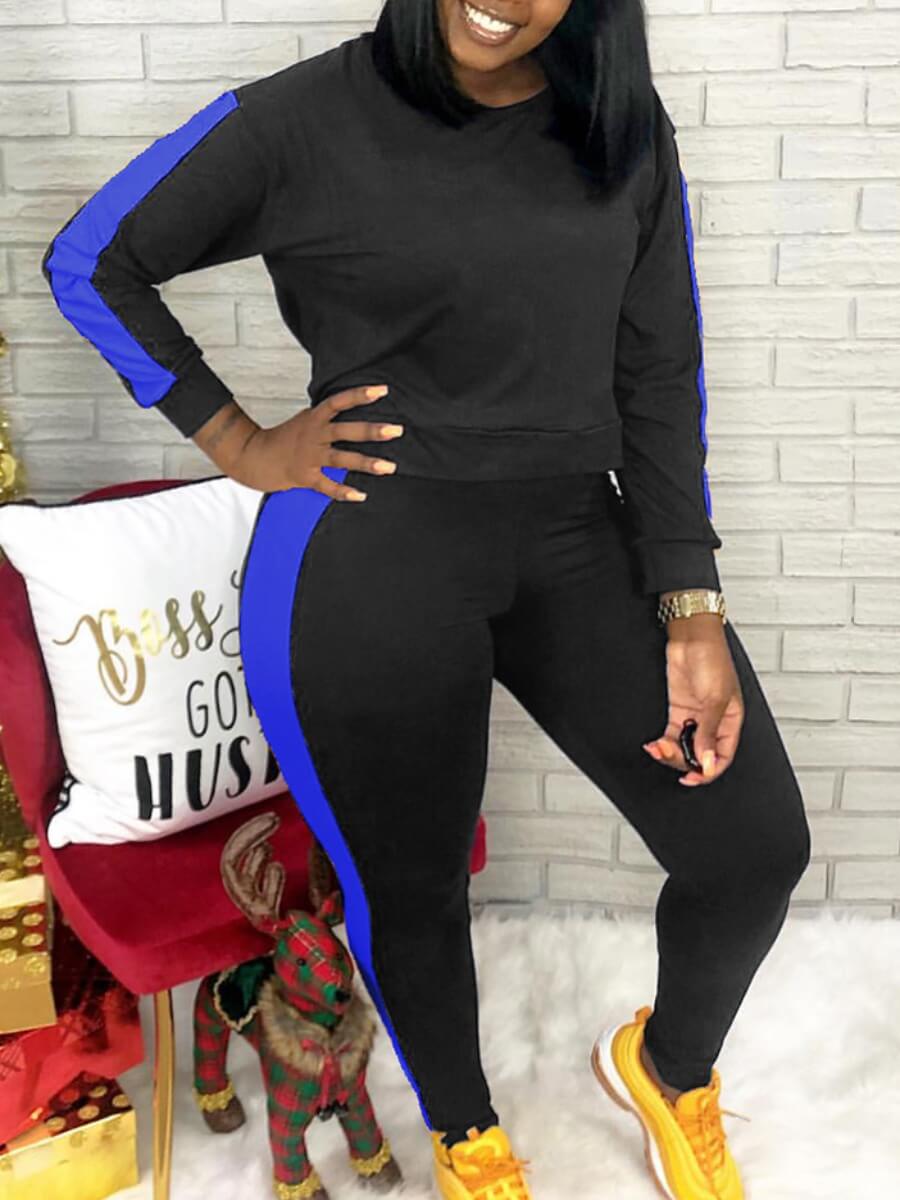 

Lovely Sportswear O Neck Patchwork Black Plus Size Two-piece Pants Set