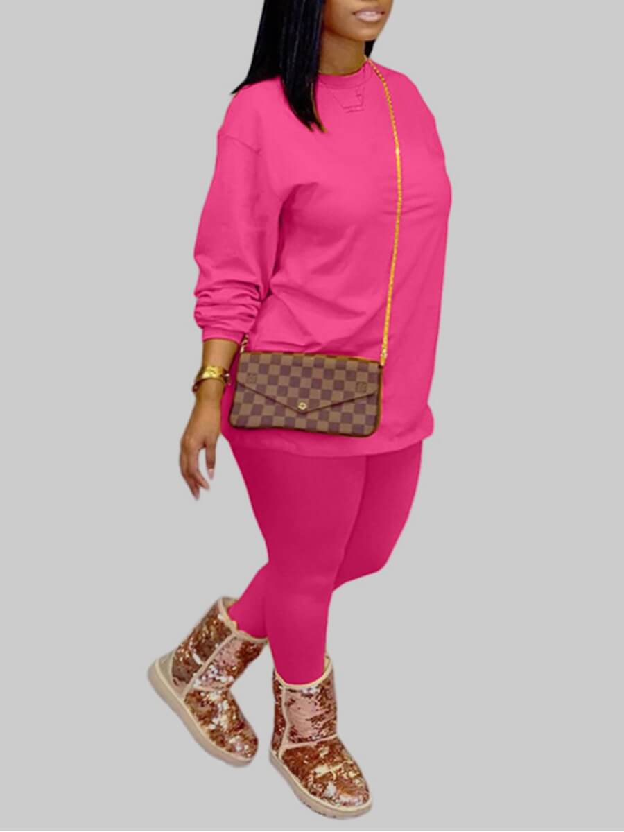 

Lovely Plus Size Casual O Neck Basic Rose Red Two-piece Pants Set