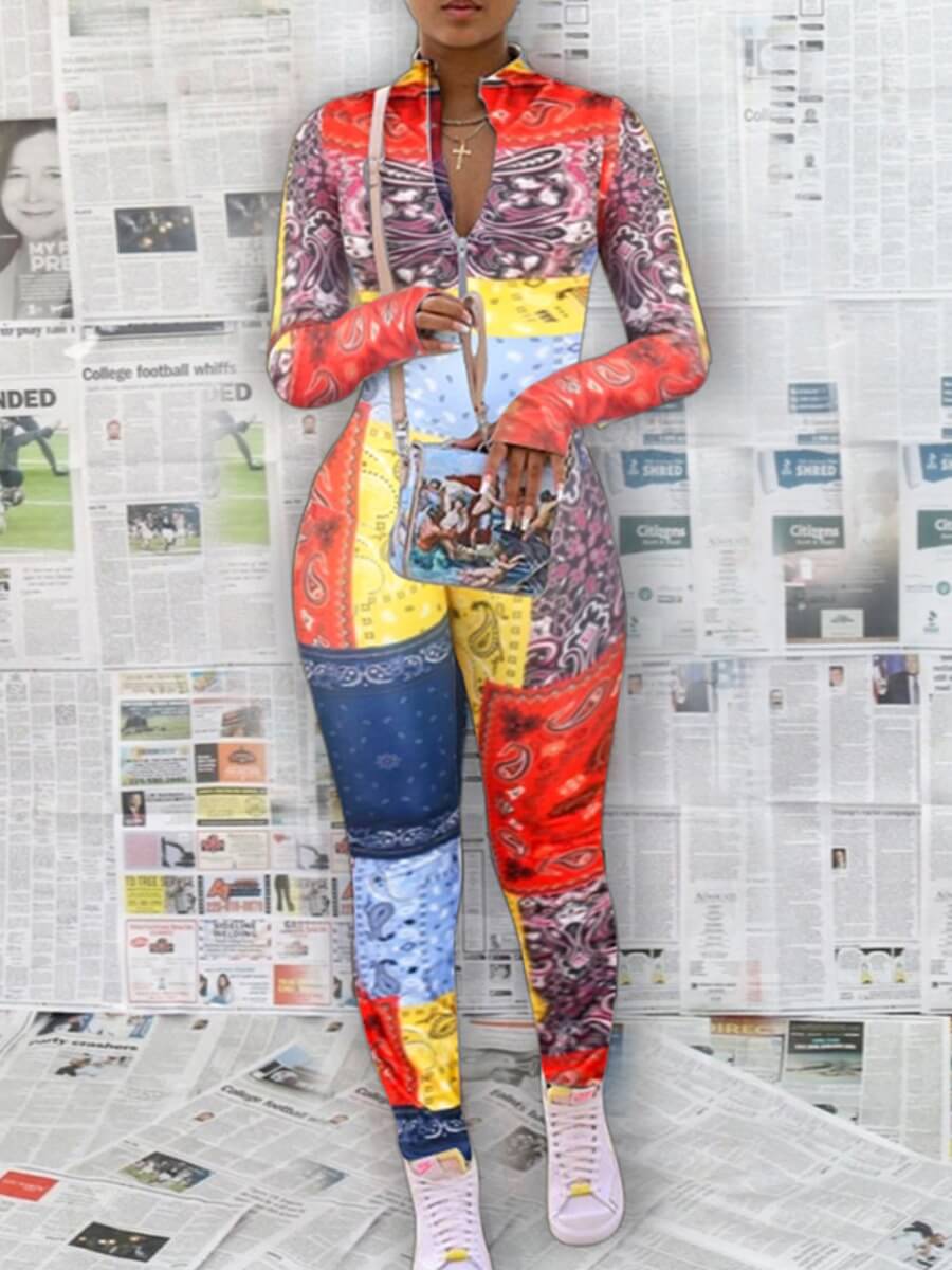 

Lovely Trendy Print Zipper Design Multicolor One-piece Jumpsuit, Multi