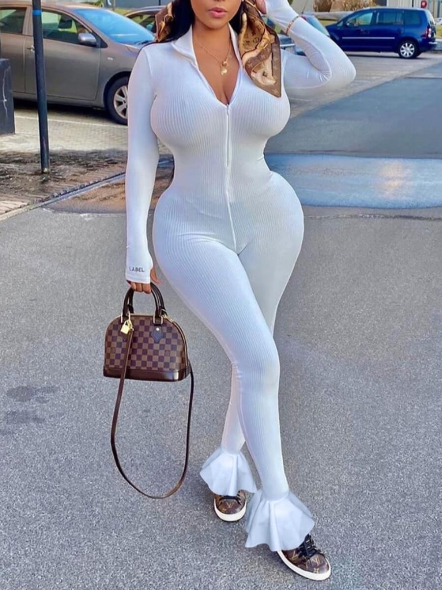 

Lovely Sportswear Turndown Collar Zipper Design White One-piece Jumpsuit