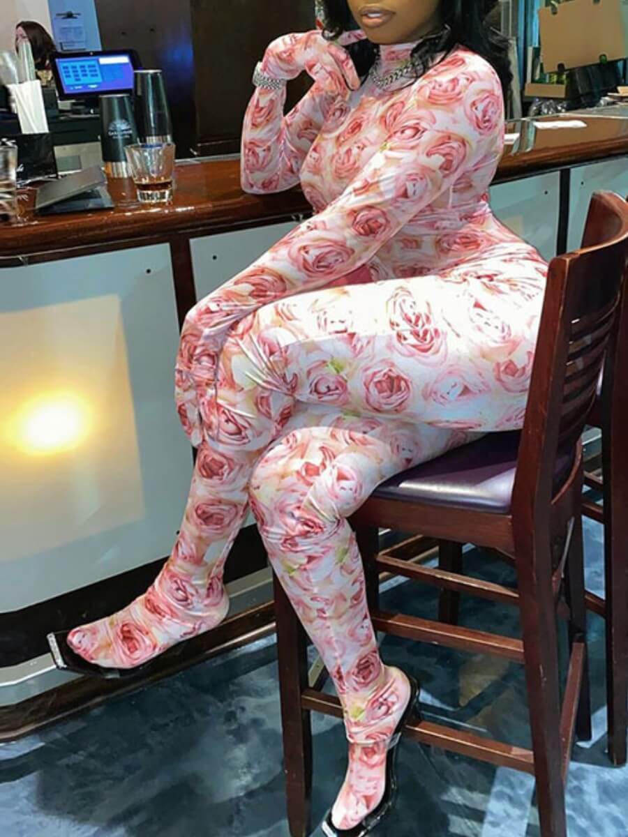 

Lovely Trendy Half A Turtleneck Floral Print Pink One-piece Jumpsuit(With Gloves