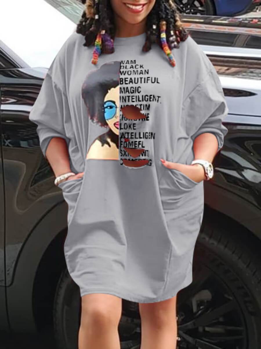 

LW Street O Neck Print Grey Knee Length Dress