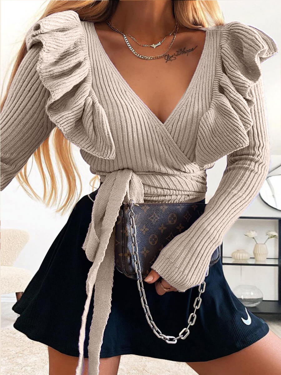 

Lovely Sweet V Neck Flounce Design Apricot Sweater