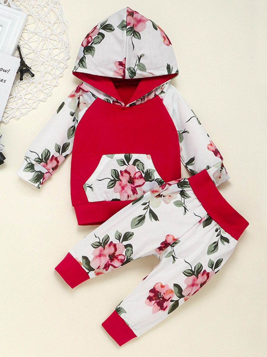 

lovely Casual Hooded Collar Plants Print Red Girl Two-piece Pants Set