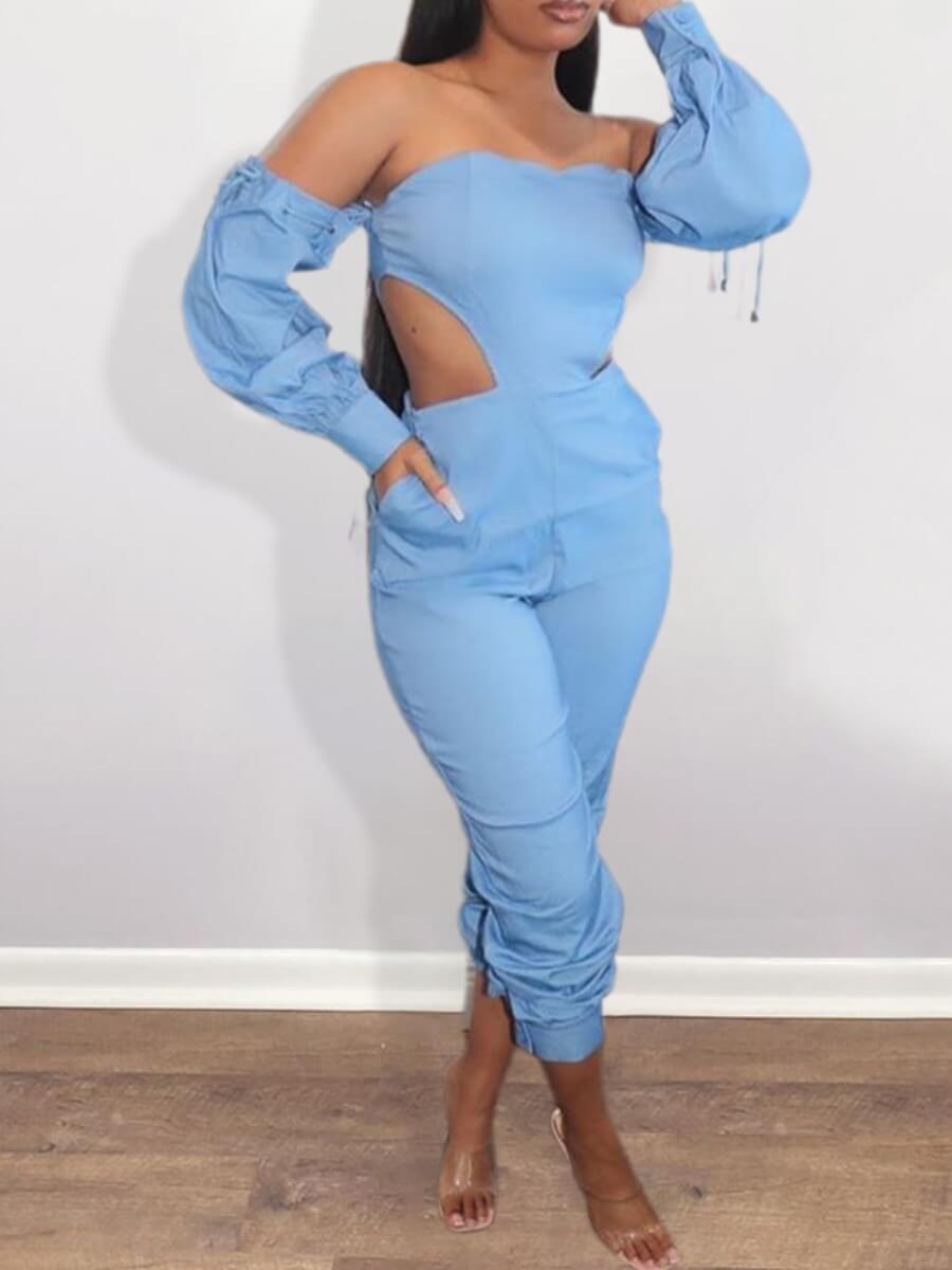 

Lovely Trendy Dew Shoulder Hollow-out Blue One-piece Jumpsuit