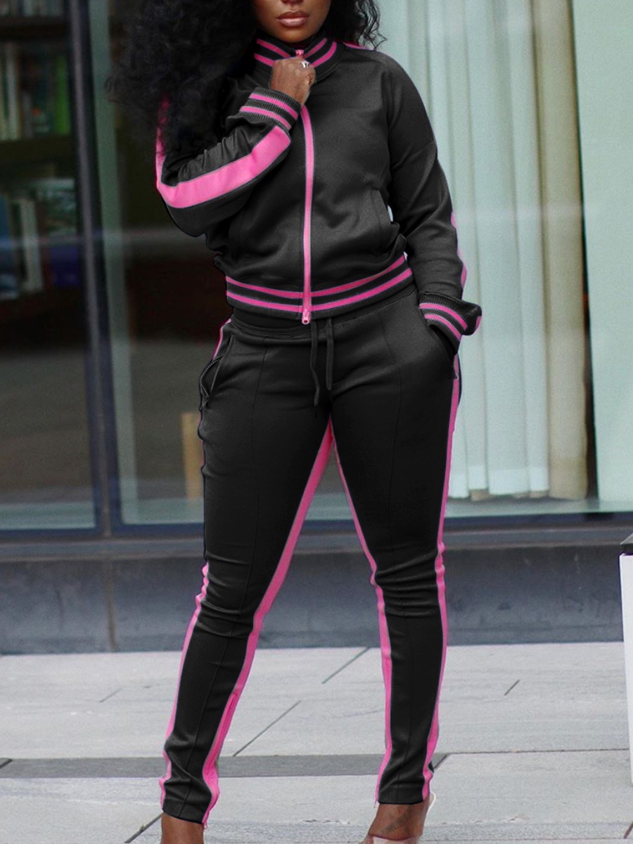 

lovely Sportswear Patchwork Zipper Design Black Two Piece Pants Set