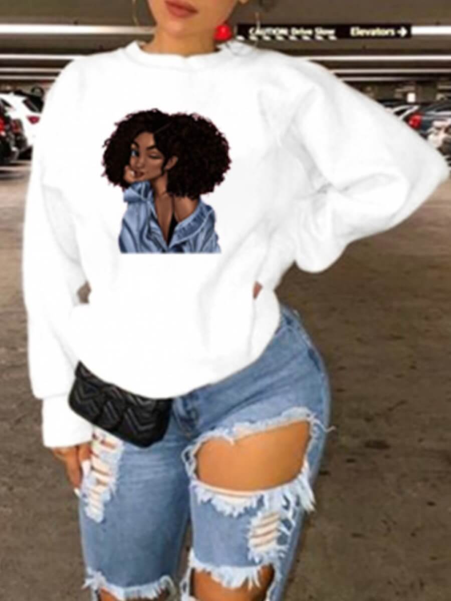 

Lovely Casual Hooded Collar Print White Plus Size Hoodie