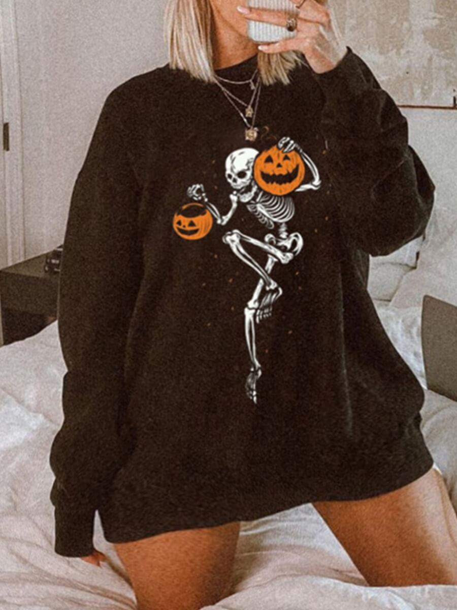 

Lovely Casual O Neck Print Black Plus Size Hoodie