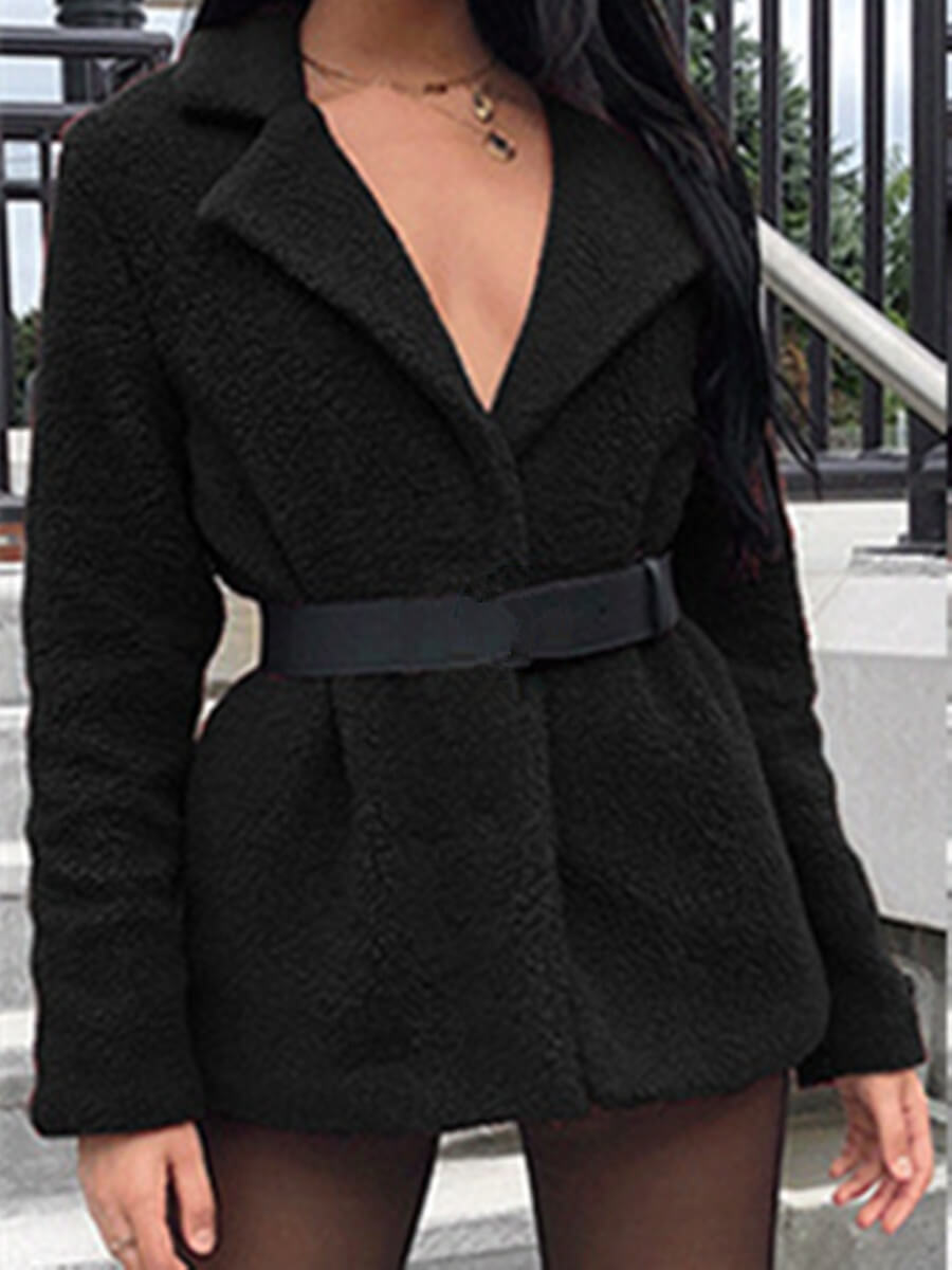 

Lovely Stylish Turndown Collar Lamb Fleece Black Coat
