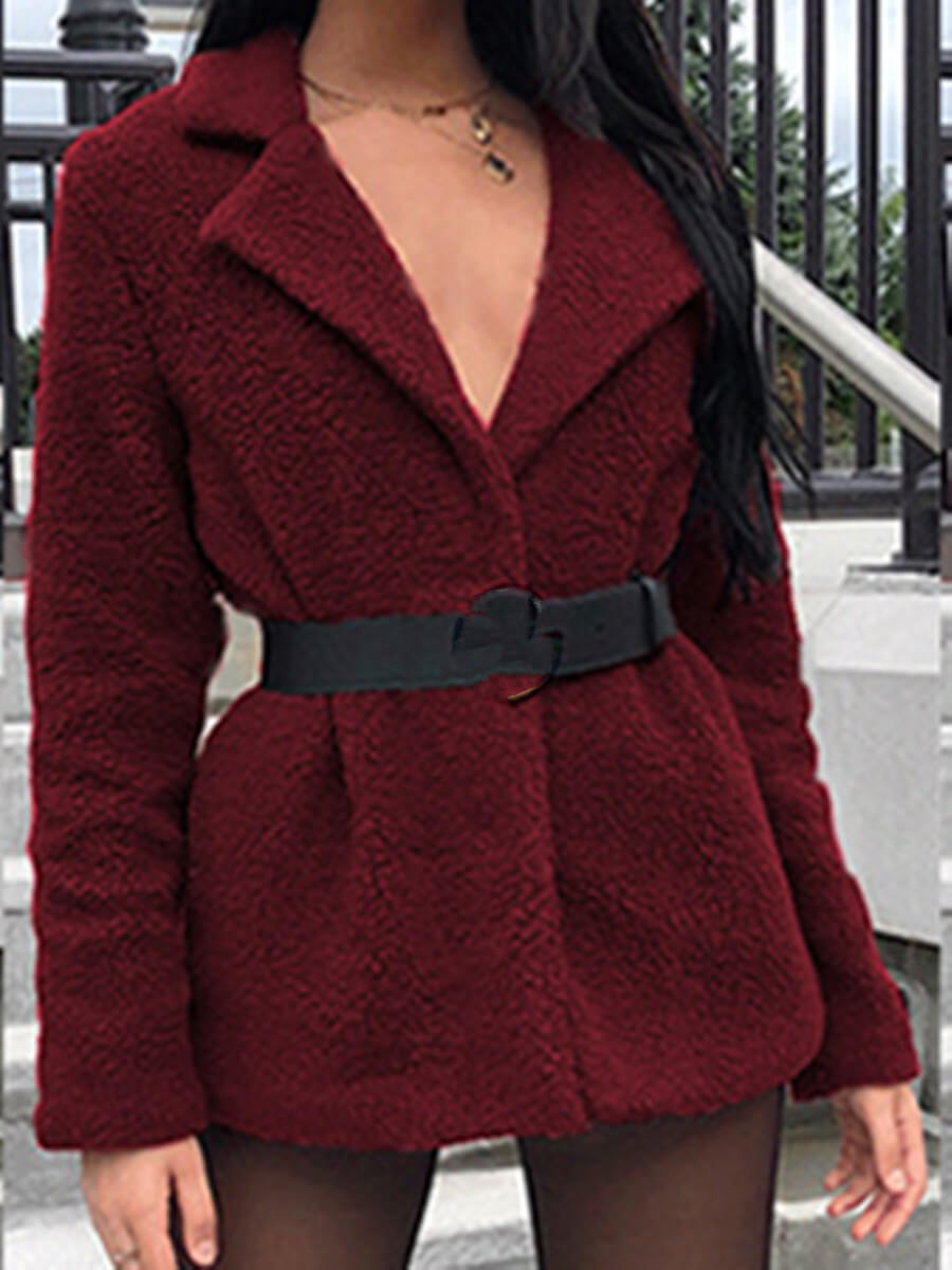 

Lovely Stylish Turndown Collar Lamb Fleece Wine Red Coat