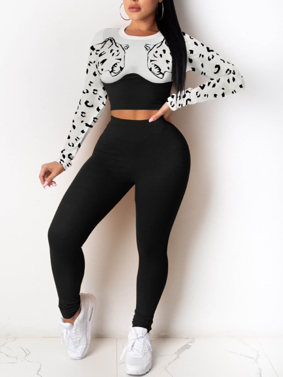 

Lovely Stylish O Neck Print Patchwork Black Two Piece Pants Set