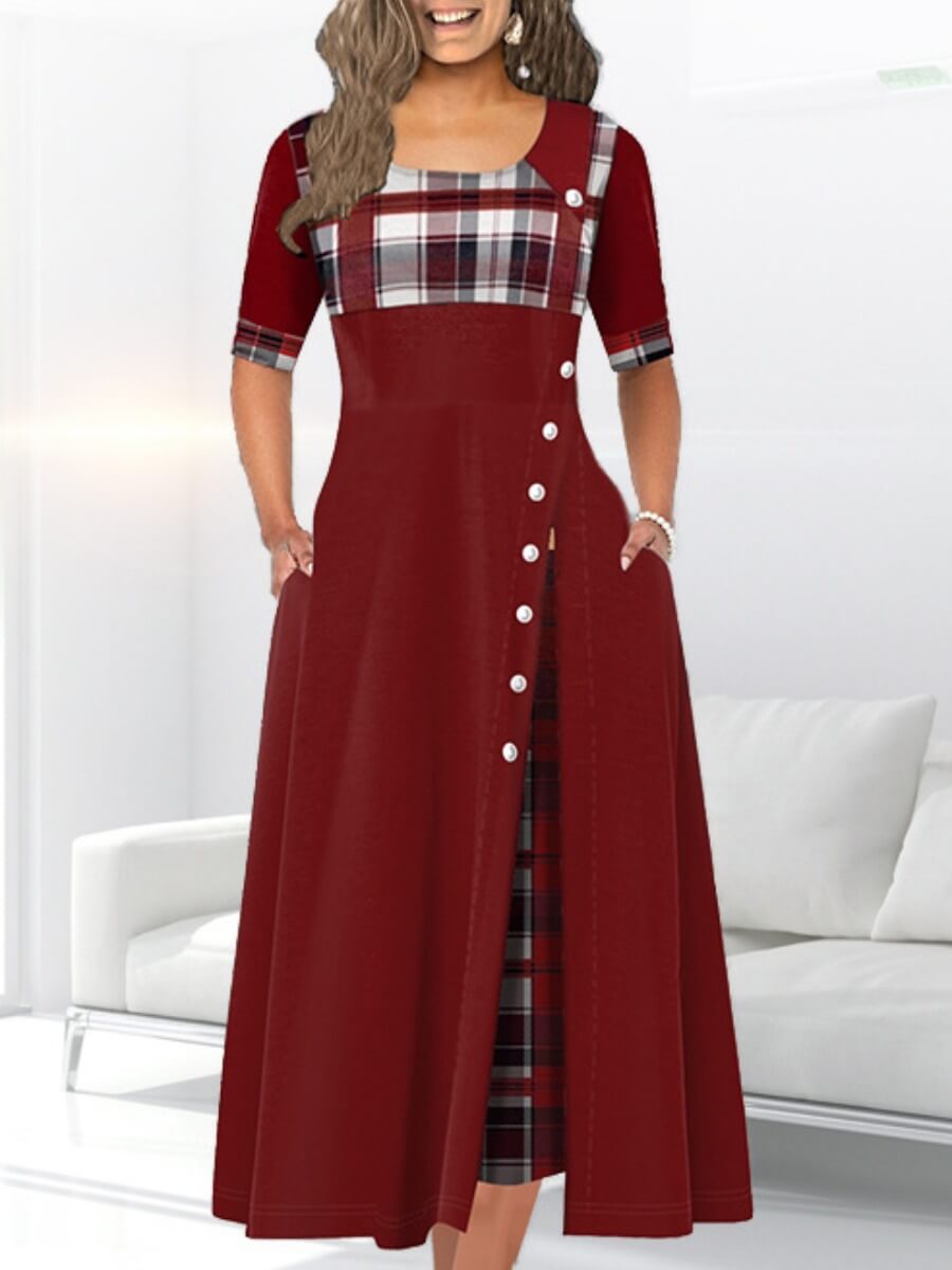 

Lovely Stylish U Neck Buttons Design Patchwork Wine Red Mid Calf Dress
