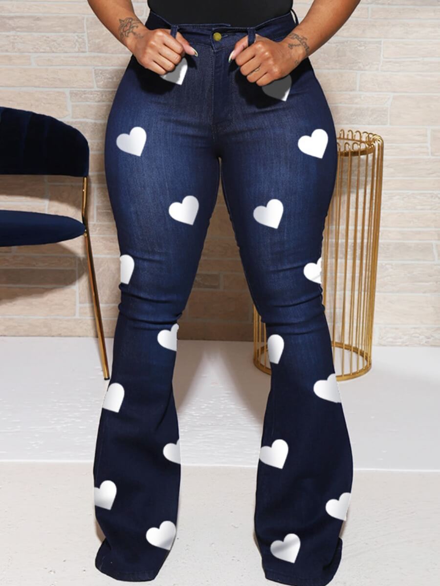 LovelyWholesale Stretchy Heart Print Flared Jeans Spring|Fall Casual Basic Spring Summer 2024