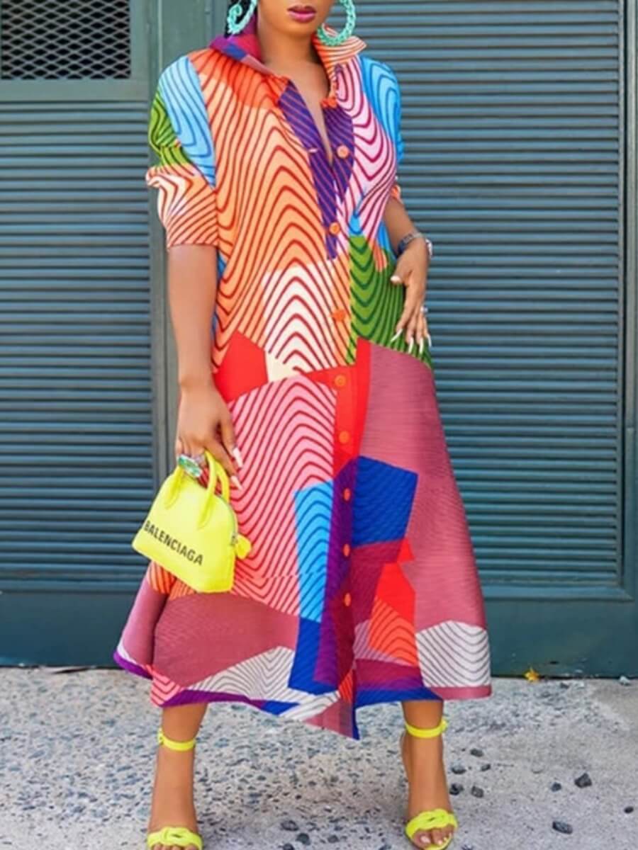 

Lovely Stylish Turndown Collar Striped Print Multicolor Ankle Length Dress, Multi