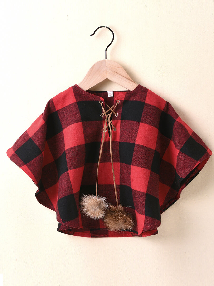 

Lovely Casual O Neck Grid Print Bandage Design Red And Black Girl Blouse, Red and black check