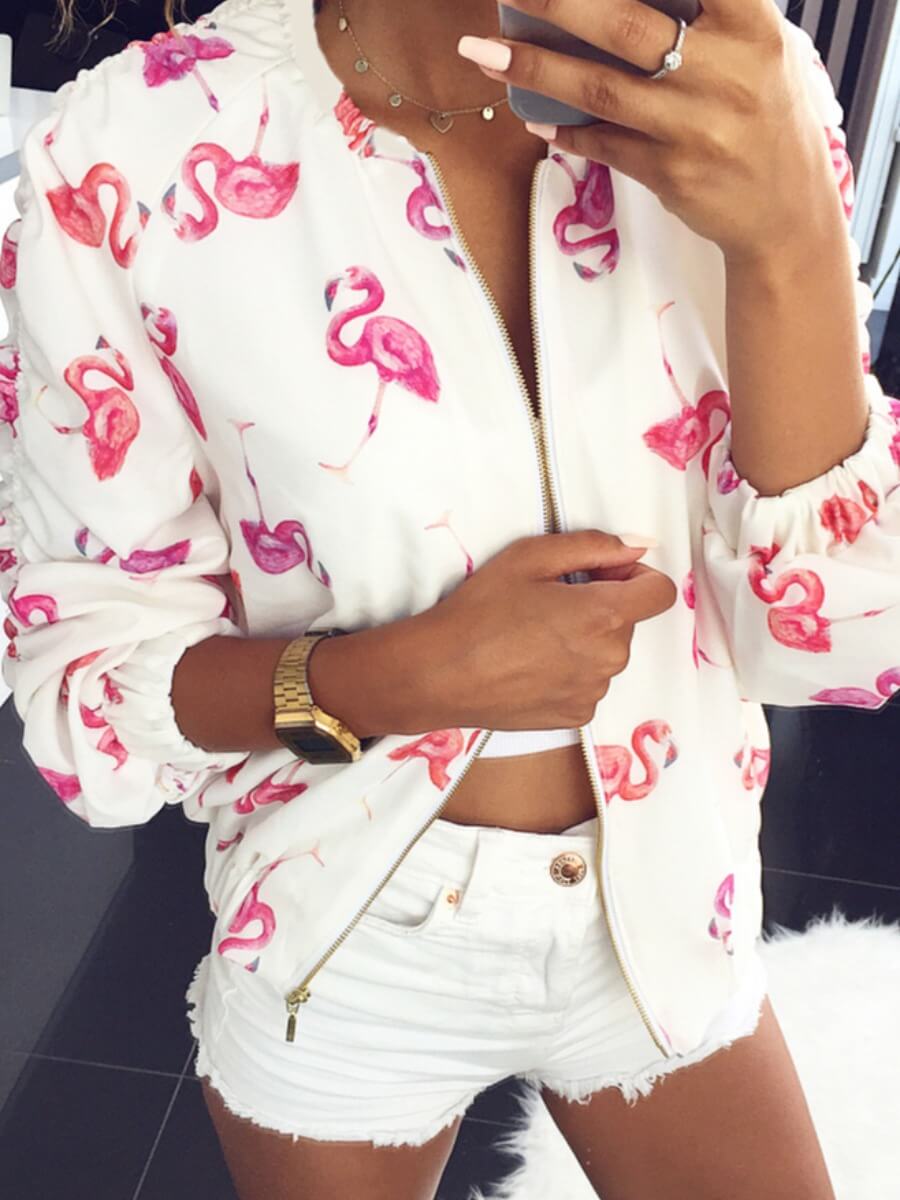 

Lovely Casual Print Zipper Design White Coat