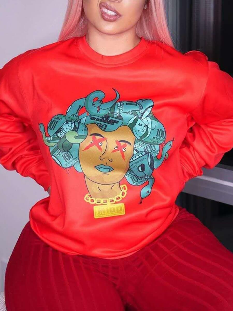 

Lovely Casual O Neck Print Red Hoodie