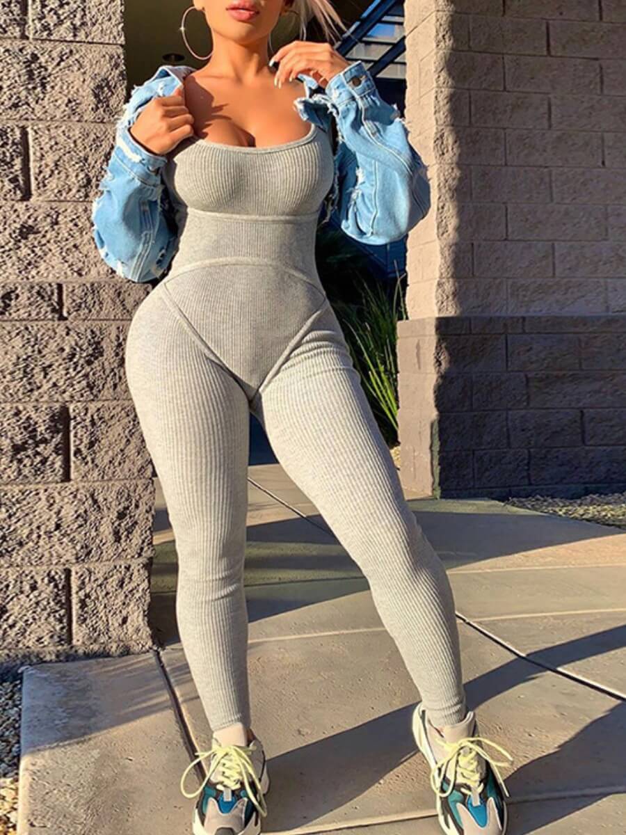 

Lovely Sportswear U Neck Skinny Grey One-piece Jumpsuit