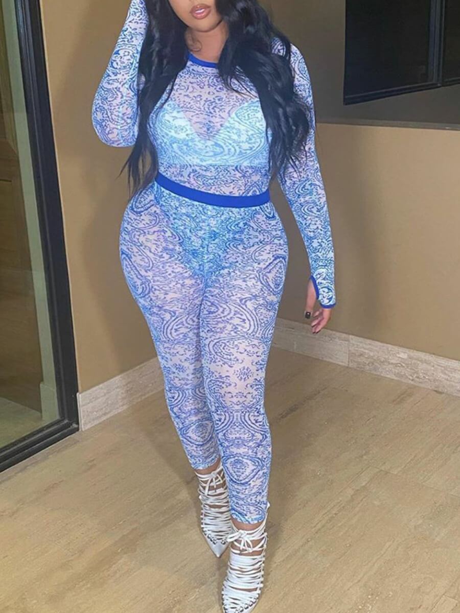 

Lovely Leisure O Neck Print Skinny Blue One-piece Jumpsuit