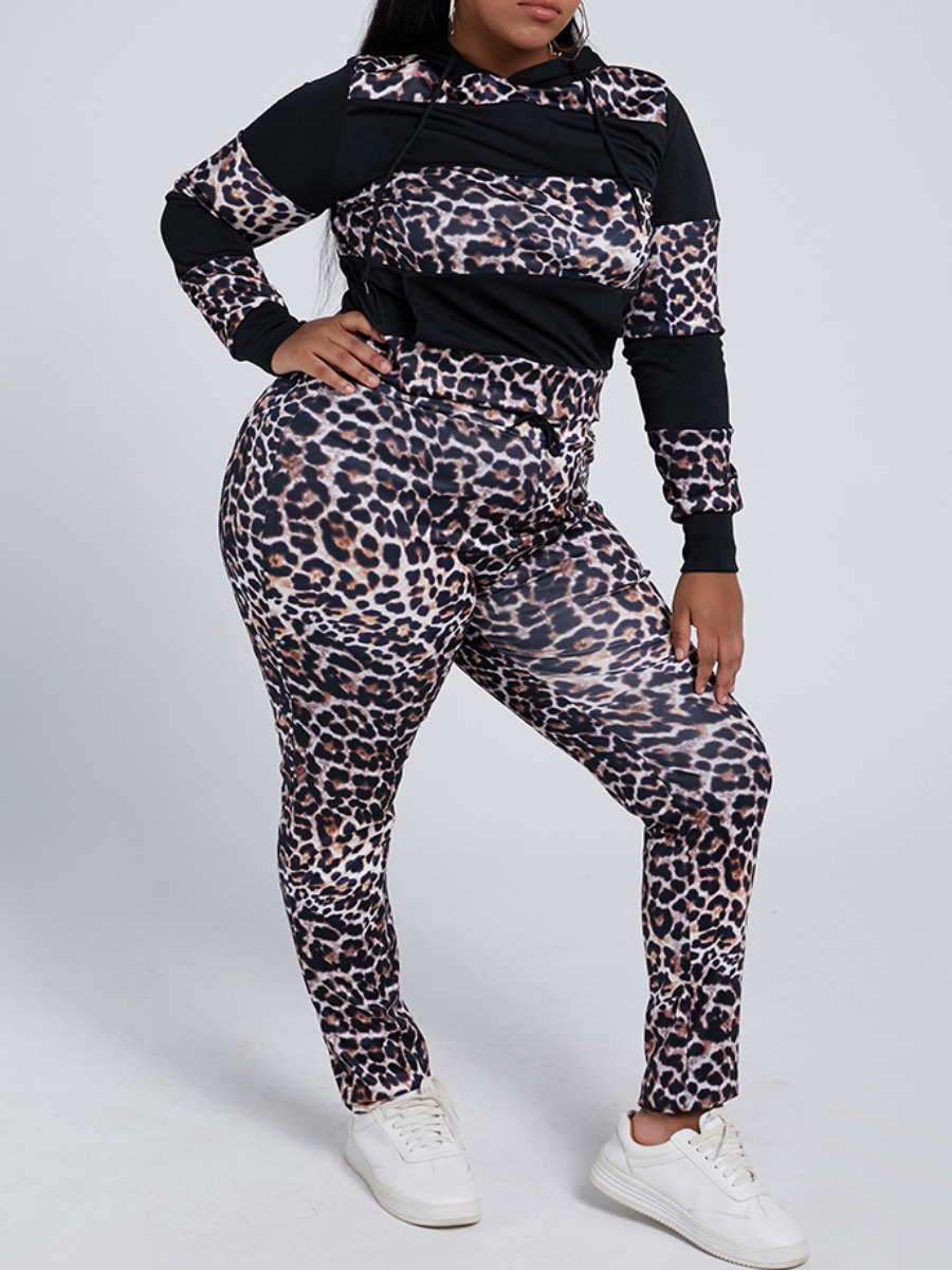 

Lovely Casual O Neck Leopard Print Patchwork Brown Plus Size Two-piece Pants Set